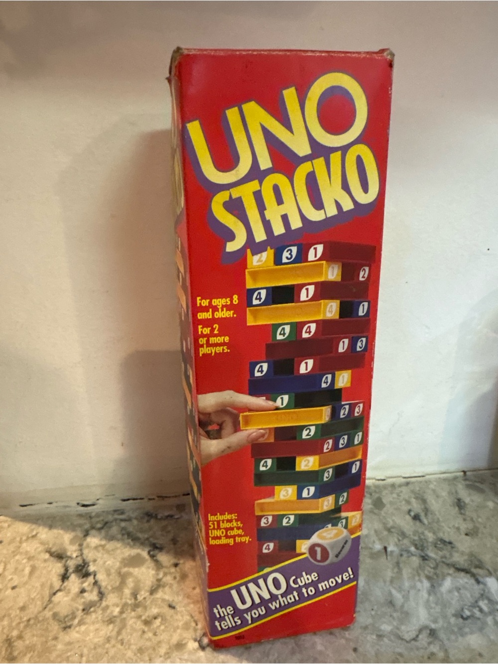 Mattel UNO Stacko Red Game Box with Yellow and Blue Elements